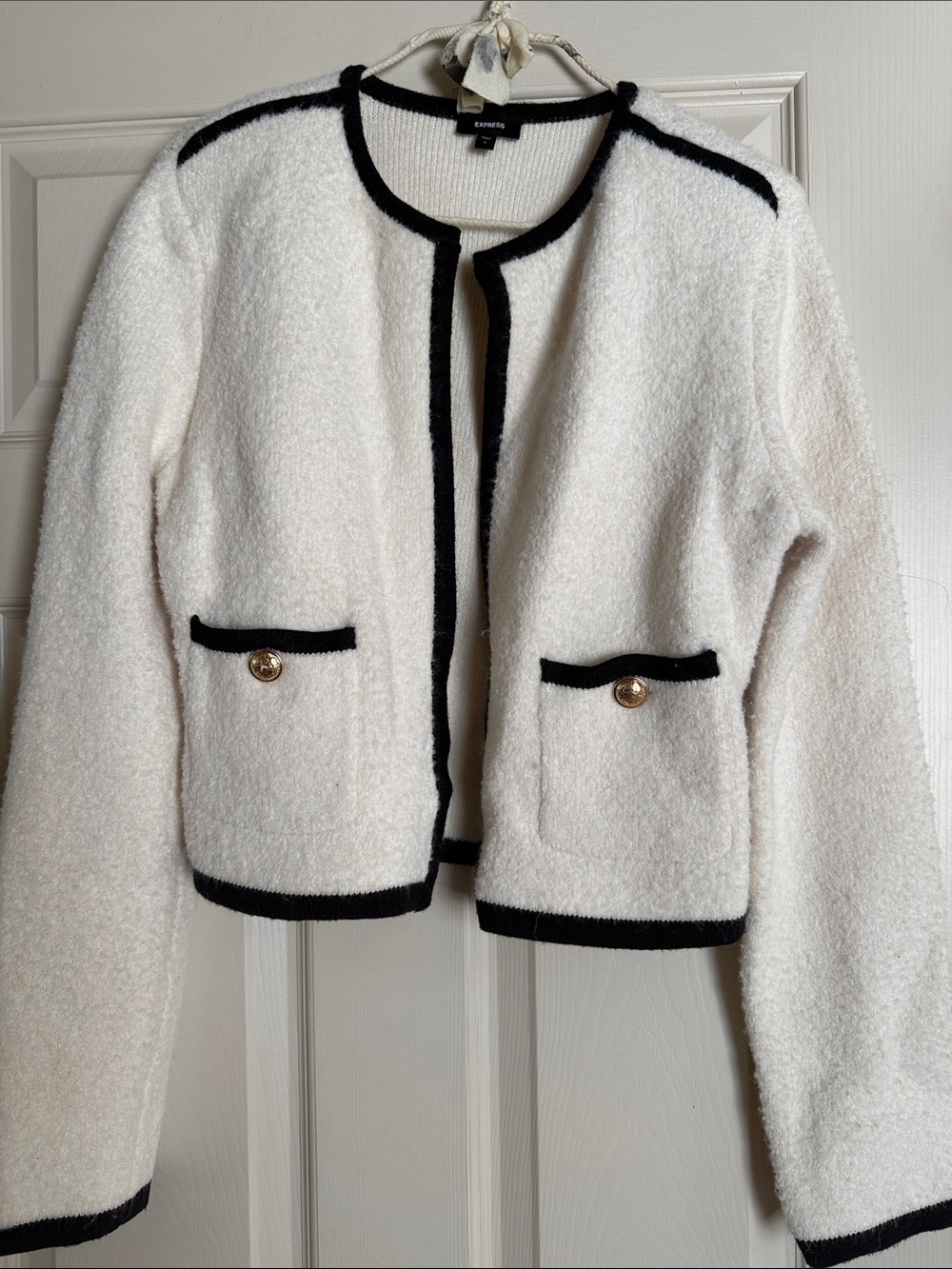 Express Cream Bouclé Blazer with Black Trim